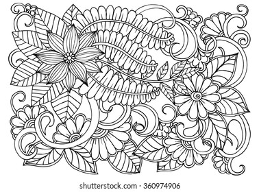 Doodle floral pattern in black and white. Page for coloring book. Zendoodle drawing. Flower carpet.