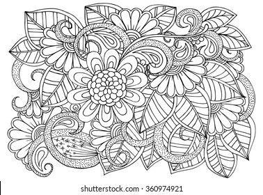 Doodle floral pattern in black and white. Page for coloring book. Zendoodle drawing. Flower carpet.