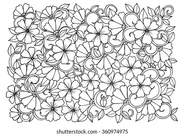 Doodle floral pattern in black and white. Page for coloring book. Zendoodle drawing. Flower carpet.