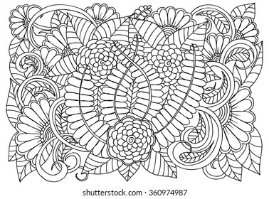 Doodle floral pattern in black and white. Page for coloring book. Zendoodle drawing. Flower carpet.