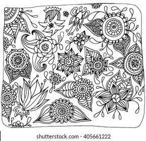 Doodle floral pattern in black and white. Page for coloring book: very interesting and relaxing job for children and adults. Zentangle drawing. Henna mehndi doodles design tribal design element.