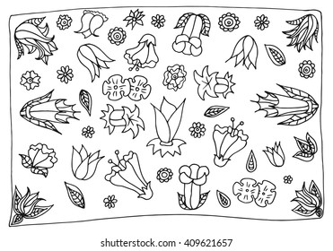Doodle floral pattern in black and white. Page for coloring book: very interesting and relaxing job for children and adults. Zentangle drawing. Henna mehndi doodles design tribal design element.