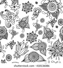 Doodle floral pattern in black and white. Page for coloring book. Henna mehndi doodles design tribal design element.  Vintage invitation. Grunge background with lace ornament. Textile design