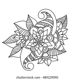 Doodle floral pattern in black and white. Page for coloring book: very interesting and relaxing job for children and adults. Zentangle drawing. Flower carpet in magic garden