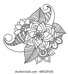 Doodle floral pattern in black and white. Page for coloring book: very interesting and relaxing job for children and adults. Zentangle drawing. Flower carpet in magic garden
