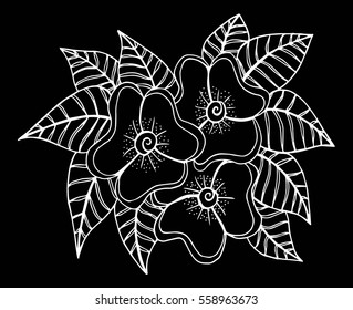 Doodle floral pattern in black and white. Page for coloring book: very interesting and relaxing job for children and adults. Zentangle drawing. Flower carpet in magic garden