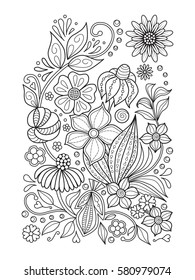 Doodle floral pattern in black and white. Page for coloring book: relaxing job for children and adults. Zentangle drawing.