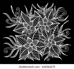 Doodle floral pattern in black and white. Page for coloring book: very interesting and relaxing job for children and adults. Zentangle drawing. Flower carpet in magic garden
