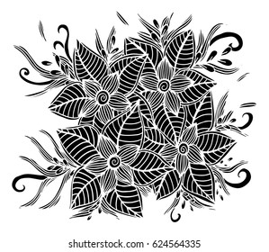 Doodle floral pattern in black and white. Page for coloring book: very interesting and relaxing job for children and adults. Zentangle drawing. Flower carpet in magic garden