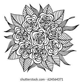 Doodle floral pattern in black and white. Page for coloring book: very interesting and relaxing job for children and adults. Zentangle drawing. Flower carpet in magic garden