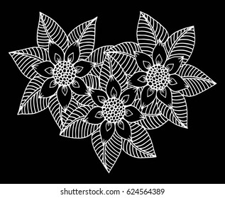Doodle floral pattern in black and white. Page for coloring book: very interesting and relaxing job for children and adults. Zentangle drawing. Flower carpet in magic garden