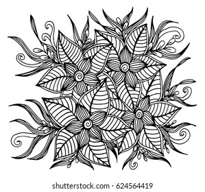 Doodle floral pattern in black and white. Page for coloring book: very interesting and relaxing job for children and adults. Zentangle drawing. Flower carpet in magic garden