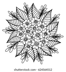 Doodle floral pattern in black and white. Page for coloring book: very interesting and relaxing job for children and adults. Zentangle drawing. Flower carpet in magic garden