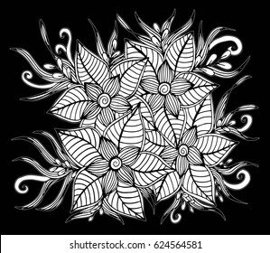 Doodle floral pattern in black and white. Page for coloring book: very interesting and relaxing job for children and adults. Zentangle drawing. Flower carpet in magic garden
