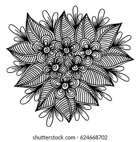 Doodle floral pattern in black and white. Page for coloring book: very interesting and relaxing job for children and adults. Zentangle drawing. Flower carpet in magic garden