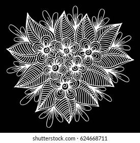 Doodle floral pattern in black and white. Page for coloring book: very interesting and relaxing job for children and adults. Zentangle drawing. Flower carpet in magic garden