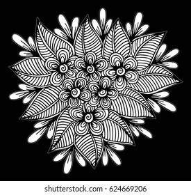 Doodle floral pattern in black and white. Page for coloring book: very interesting and relaxing job for children and adults. Zentangle drawing. Flower carpet in magic garden