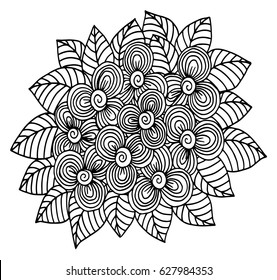 Doodle floral pattern in black and white. Page for coloring book: very interesting and relaxing job for children and adults. Zentangle drawing. Flower carpet in magic garden