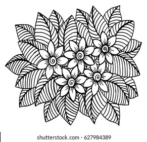 Doodle floral pattern in black and white. Page for coloring book: very interesting and relaxing job for children and adults. Zentangle drawing. Flower carpet in magic garden