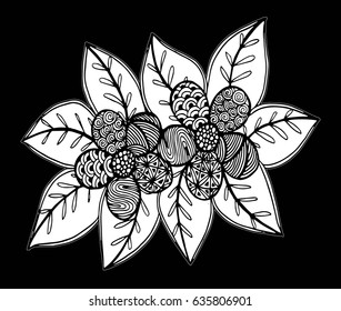 Doodle floral pattern in black and white. Page for coloring book: very interesting and relaxing job for children and adults. Zentangle drawing. Flower carpet in magic garden