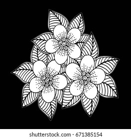 Doodle floral pattern in black and white. Page for coloring book: very interesting and relaxing job for children and adults. Zentangle drawing. Flower carpet in magic garden