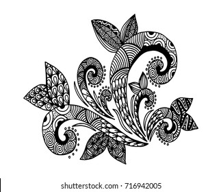 Doodle floral pattern in black and white. Page for coloring book: very interesting and relaxing job for children and adults. Zentangle drawing. Flower carpet in magic garden