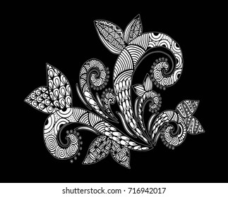 Doodle floral pattern in black and white. Page for coloring book: very interesting and relaxing job for children and adults. Zentangle drawing. Flower carpet in magic garden