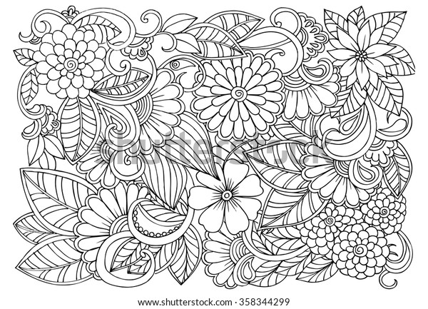 黑色和白色涂鸦花卉图案 页面着色书 儿童和成人非常有趣和轻松的工作 兴特角绘图 花地毯在神奇的花园库存矢量图 免版税