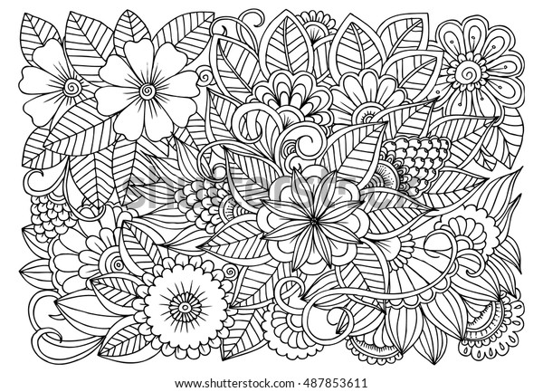 白黒の落書き風花柄 大人向けの塗り絵本のページ Zentangle図面魔法の庭の花のカーペット のベクター画像素材 ロイヤリティフリー