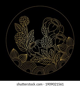 Dibujo floral en círculo, flores doradas sobre fondo negro. Ilustración dibujada a mano por vectores.