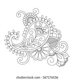 Doodle floral pattern with paisley print. Element for coloring book. Indian tribal henna tattoo.