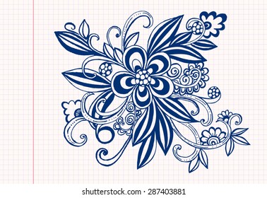  Doodle floral pattern. Pen drawing in a  school notebook. Vector.