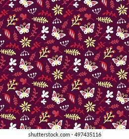 doodle floral pattern. Seamless vector doodle hand drawn pattern with flowers, brunches, leaves for wallpapers, scrapbooking, web page backgrounds,textile