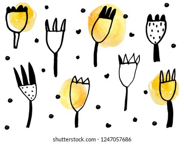 doodle floral pattern. vector childish background. set of flower illustrations.