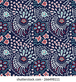 Doodle floral pattern. Vector seamless texture with abstract flowers, drops and waves. Endless background. Ethnic seamless pattern.