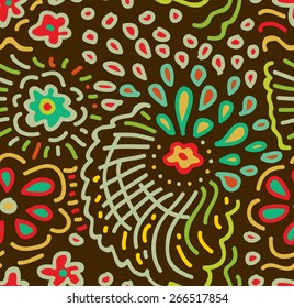 Doodle floral pattern. Vector seamless texture with abstract flowers, drops and waves. Endless background. 