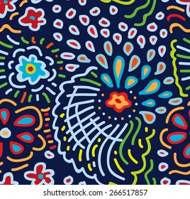 Doodle floral pattern. Vector seamless texture with abstract flowers, drops and waves. Endless background. 