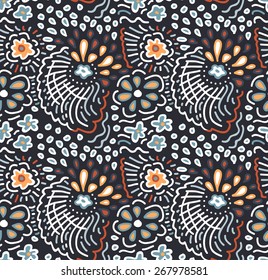 Doodle floral pattern. Vector seamless texture with abstract flowers, drops and waves. Endless background. Ethnic seamless pattern. Flower pattern. Hand drawn wallpaper. Abstract vector illustration.