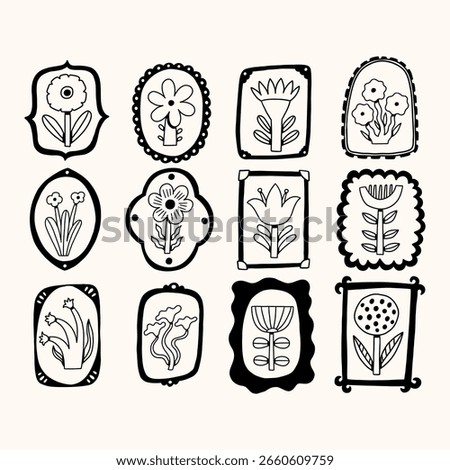 Doodle Floral Postage Stamp Collection. Vintage Cute Postcard Frame with Flowers. Vector Line Art Illustration