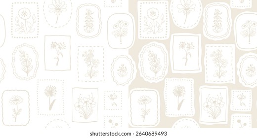 Doodle floral print. Primitive minimalist vector seamless pattern. Delicate flowers in boho style.