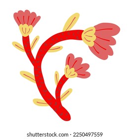 Doodle de flor roja floral con hojas amarillas. Para tarjetas y decoraciones para eventos de cumpleaños y vacaciones.