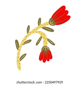 Doodle de flor roja floral con hojas verdes. Sucursal para tarjetas y decoraciones para eventos de cumpleaños y vacaciones.