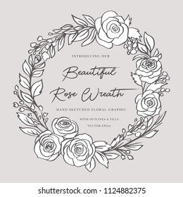 Doodle Floral Rose Wreath - Beautiful floral wreath bursting with roses. This design have lush flowers and foliage, and were sketched by hand before being vectorized.