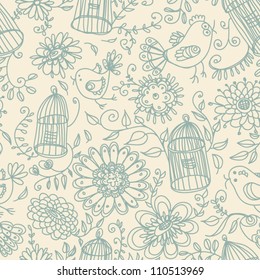 Doodle Floral seamless background with cages and birds