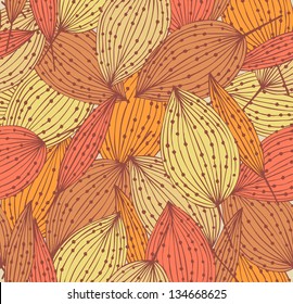 Doodle floral seamless pattern. Beautiful endless linear background with leafs. Vintage leafs with dots