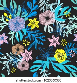 Doodle Floral Seamless Pattern with Coloful Leaves And Flowers 