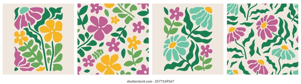 Doodle floral seamless pattern colorful set. Creative trendy flower collage or posters and floral pattern collection. Vintage cartoon hand drawn nature simple spring elements. Vector illustration