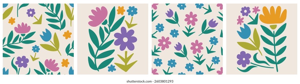 Doodle floral seamless pattern colorful set. Creative trendy flower collage or posters and floral pattern collection. Vintage cartoon hand drawn nature simple spring elements. Vector illustration