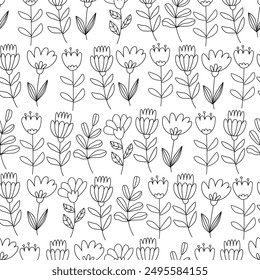 Doodle floral sin patrón con flores de fantasía. Vector dibujado a mano ilustración, contorno negro aislado. Grande para el Fondo de pantalla textil, cubiertas