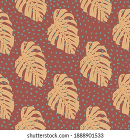 Patrón sin costuras de Doodle floral con adorno de monastera naranja dibujado a mano. Fondo marrón con puntos. Excelente para papel de pared, textil, papel envolvente, impresión de tela. Ilustración vectorial.